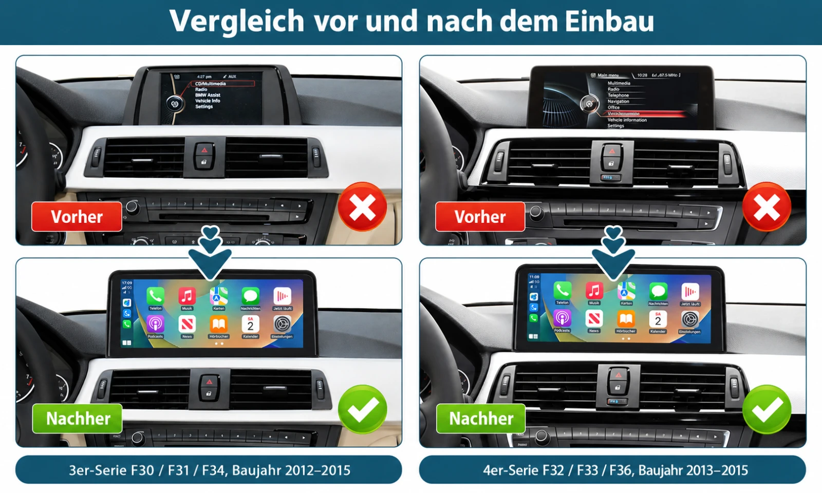 Vorher-Nachher-Vergleich der Bildschirm-Nachrüstung beim BMW 3er F30 F31 F34 und BMW 4er F32 F33 F36 mit Linux-CarPlay-Display.