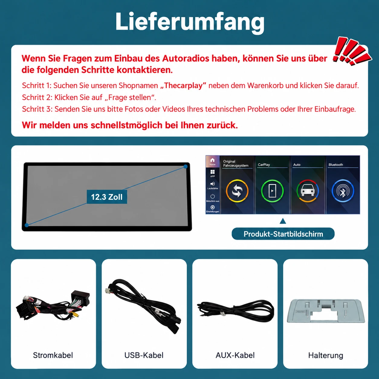 Lieferumfang des Thecarplay 12,3-Zoll-Linux-Displays für BMW 3er und 4er mit Anschlusskabeln, USB-Kabel, AUX-Kabel und Halterung.