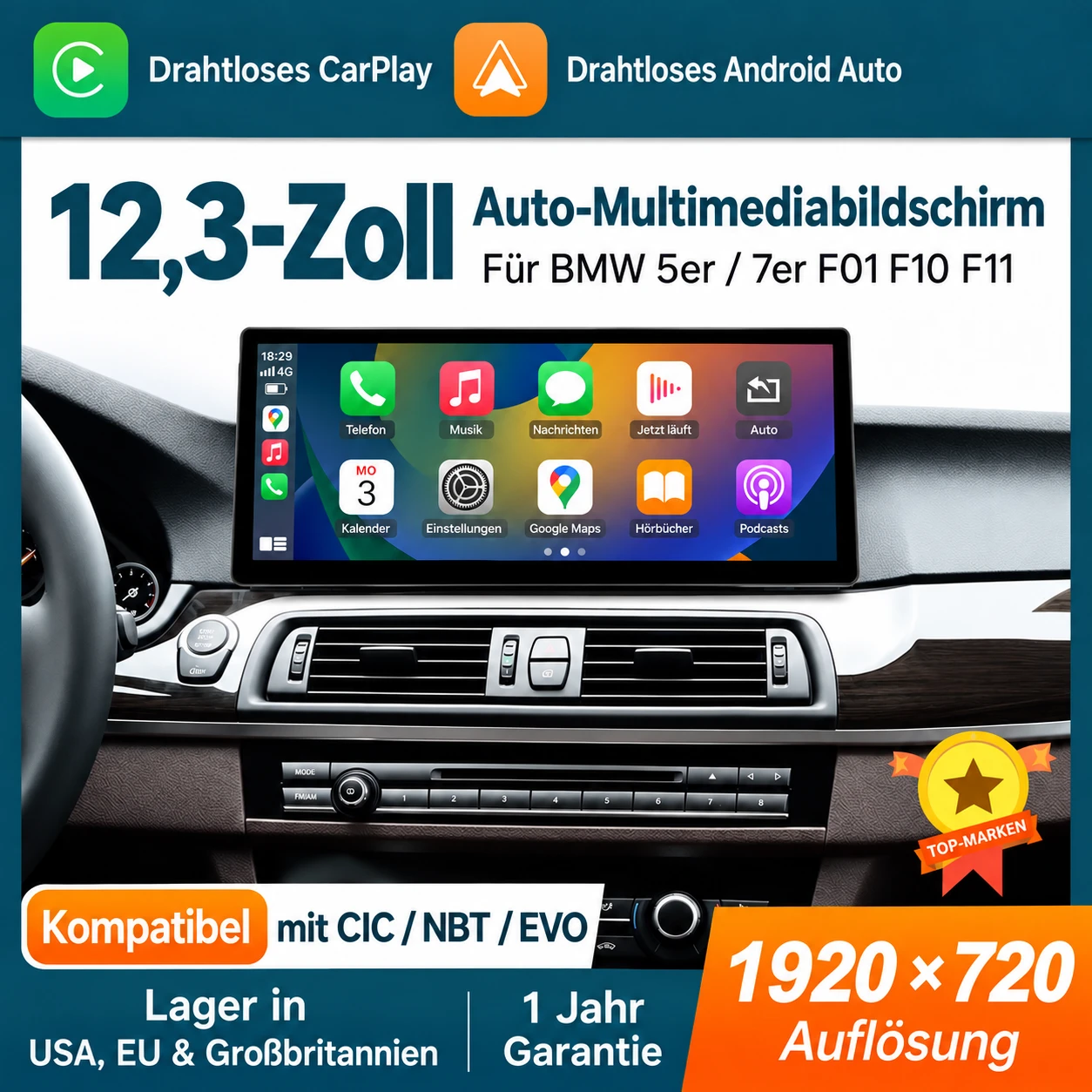 Thecarplay 12,3-Zoll-Linux-Multimediabildschirm für BMW 5er und 7er mit Apple CarPlay, Android Auto und 1920 × 720 Pixel Auflösung