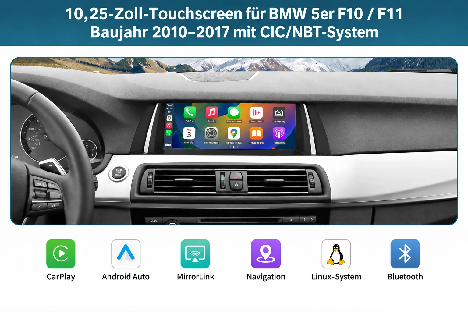 10,25 Zoll Linux-Touchscreen im BMW 5er F10/F11 Baujahr 2010–2017 mit Apple CarPlay, Android Auto, Navigation und Bluetooth