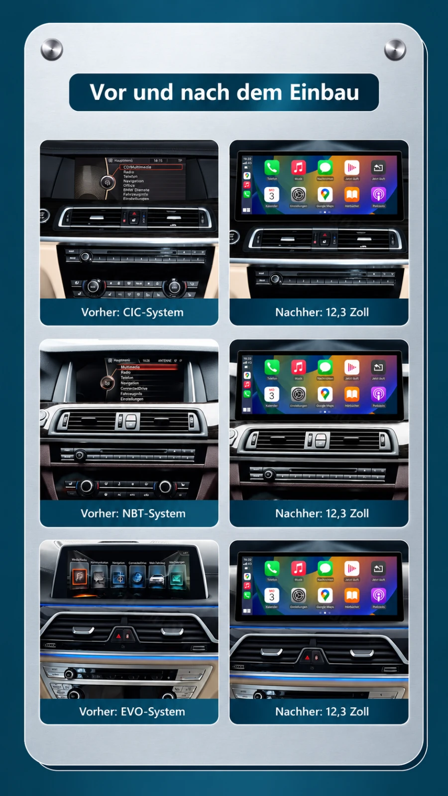 Vorher-Nachher-Vergleich der BMW 7er Originalbildschirme mit CIC-, NBT- und EVO-System und nachgerüstetem 12,3-Zoll-CarPlay-Touchscreen