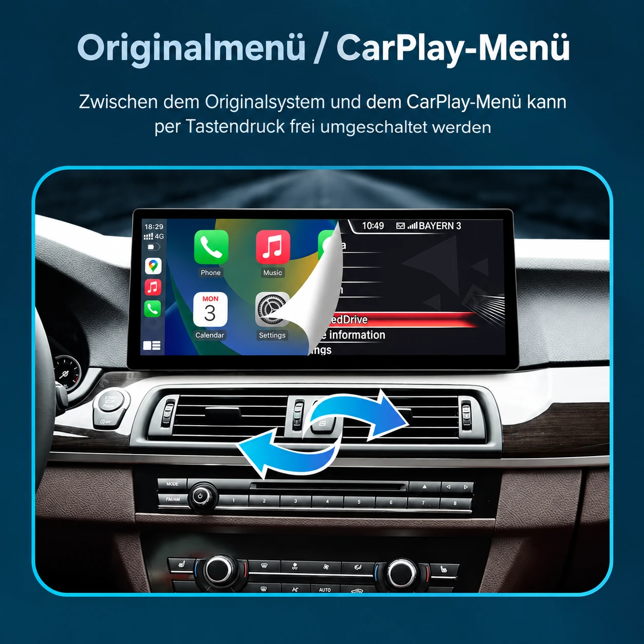 BMW 7er Linux-Display mit Umschaltfunktion zwischen originalem BMW iDrive-Menü und Apple CarPlay