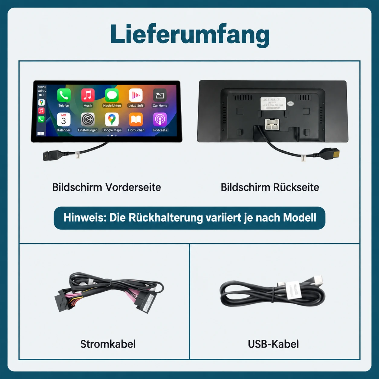 Lieferumfang des Thecarplay Linux-Touchscreens für BMW 7er F01 mit 12,3-Zoll-Display, Stromkabel und USB-Kabel