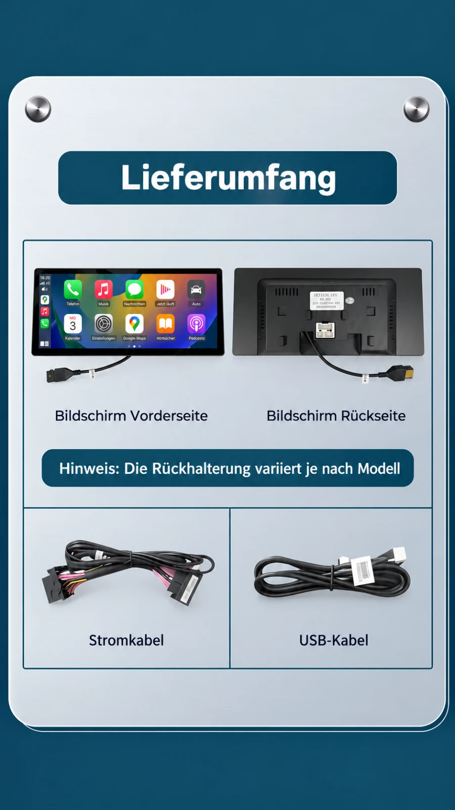Lieferumfang des BMW 7er Linux-CarPlay-Touchscreens mit Bildschirm, Anschlusskabel und USB-Kabel