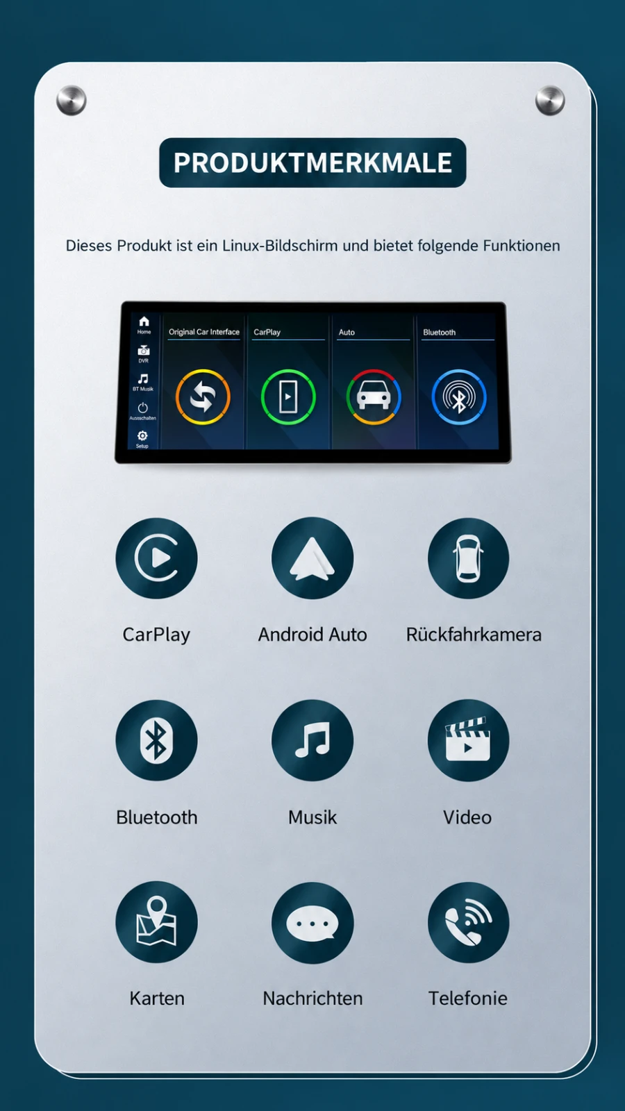 Funktionen des BMW 7er Linux-Touchscreens mit Apple CarPlay, Android Auto, Bluetooth, Navigation und Rückfahrkamera