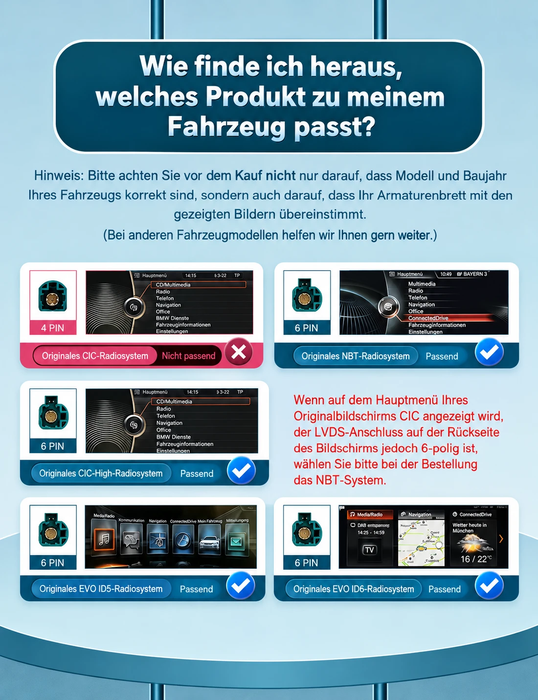 BMW CIC, NBT und EVO ID5/ID6 im Vergleich mit 4-poligem und 6-poligem LVDS-Anschluss zur Auswahl des passenden CarPlay-Displays