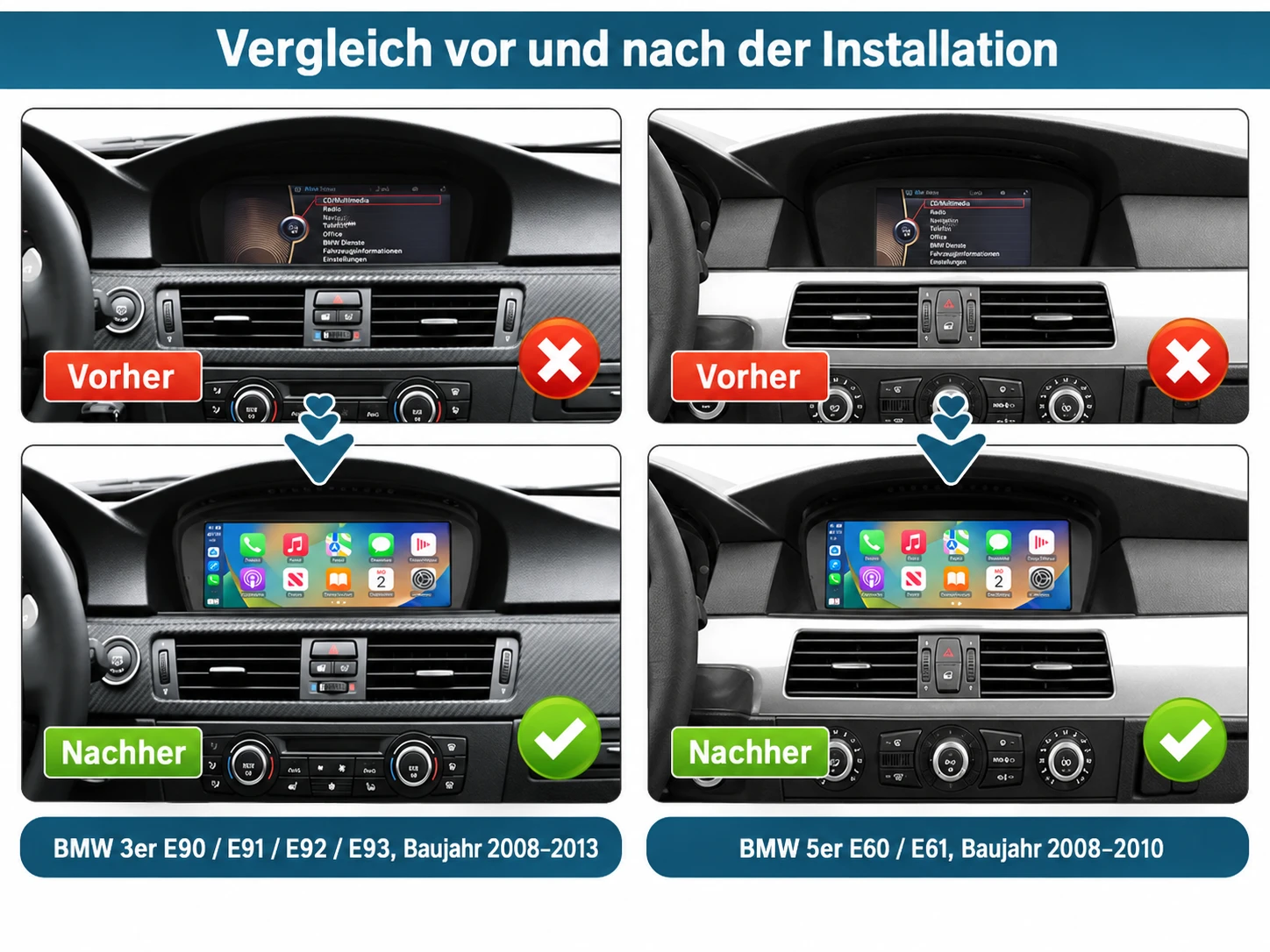 Vorher-Nachher-Vergleich des Linux-CarPlay-Displays im BMW 3er E90 und 5er E60 mit originalem Bildschirm und nachgerüstetem Touchscreen