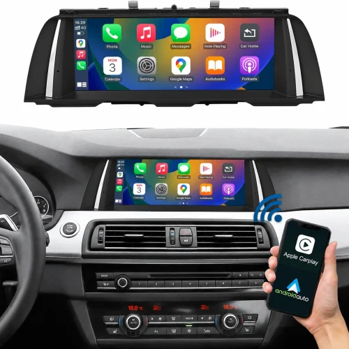 BMW 5er F10/F11 mit nachgerüstetem 10,25 Zoll Linux-Touchscreen und kabellosem Apple CarPlay und Android Auto