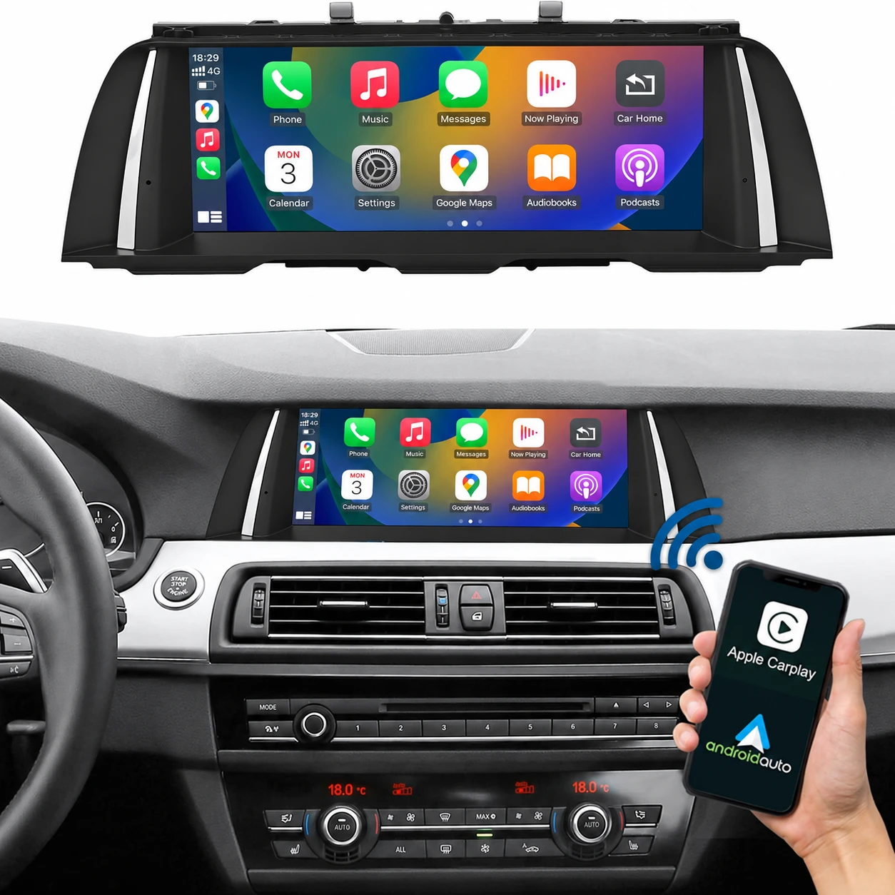 BMW 5er F10/F11 mit nachgerüstetem 10,25 Zoll Linux-Touchscreen und kabellosem Apple CarPlay und Android Auto