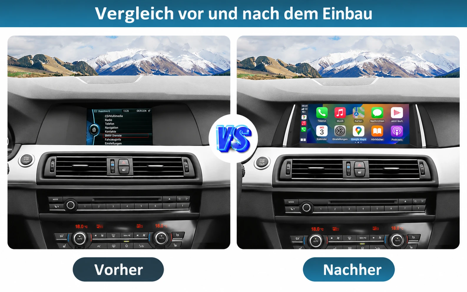BMW 5er F10/F11 vor und nach dem Einbau eines 10,25 Zoll Linux-Touchscreens mit Apple CarPlay
