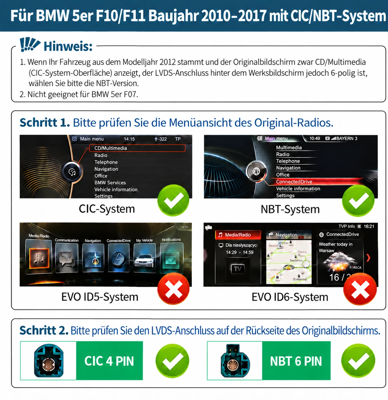 BMW 5er F10/F11 CIC und NBT erkennen anhand der iDrive-Menüoberfläche sowie der 4-Pin- und 6-Pin-LVDS-Anschlüsse