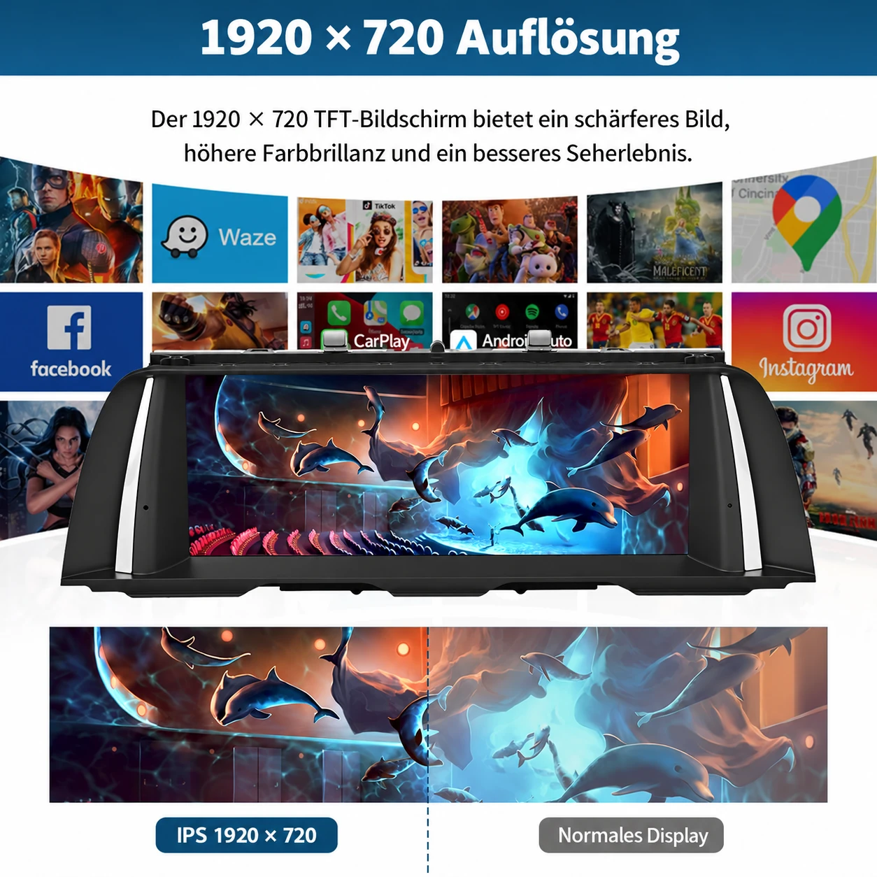 Hochauflösender IPS-Touchscreen für BMW 5er F10/F11 mit 1920 × 720 Pixeln und Vergleich zur herkömmlichen Displayqualität