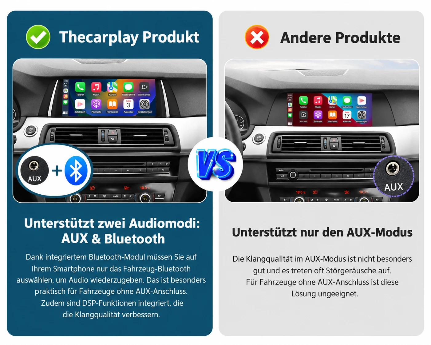 Thecarplay Linux-Display für BMW F10/F11 mit AUX- und Bluetooth-Audioübertragung im Vergleich zu einem Display mit reinem AUX-Modus