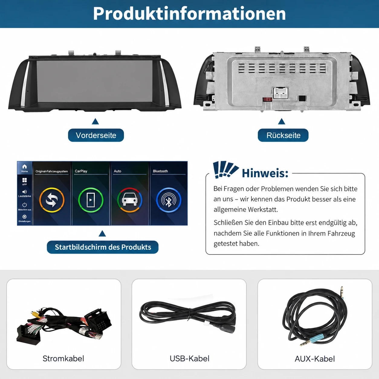 Vorder- und Rückseite des BMW F10/F11 Linux-Displays mit Stromkabel, USB-Kabel, AUX-Kabel und Benutzeroberfläche
