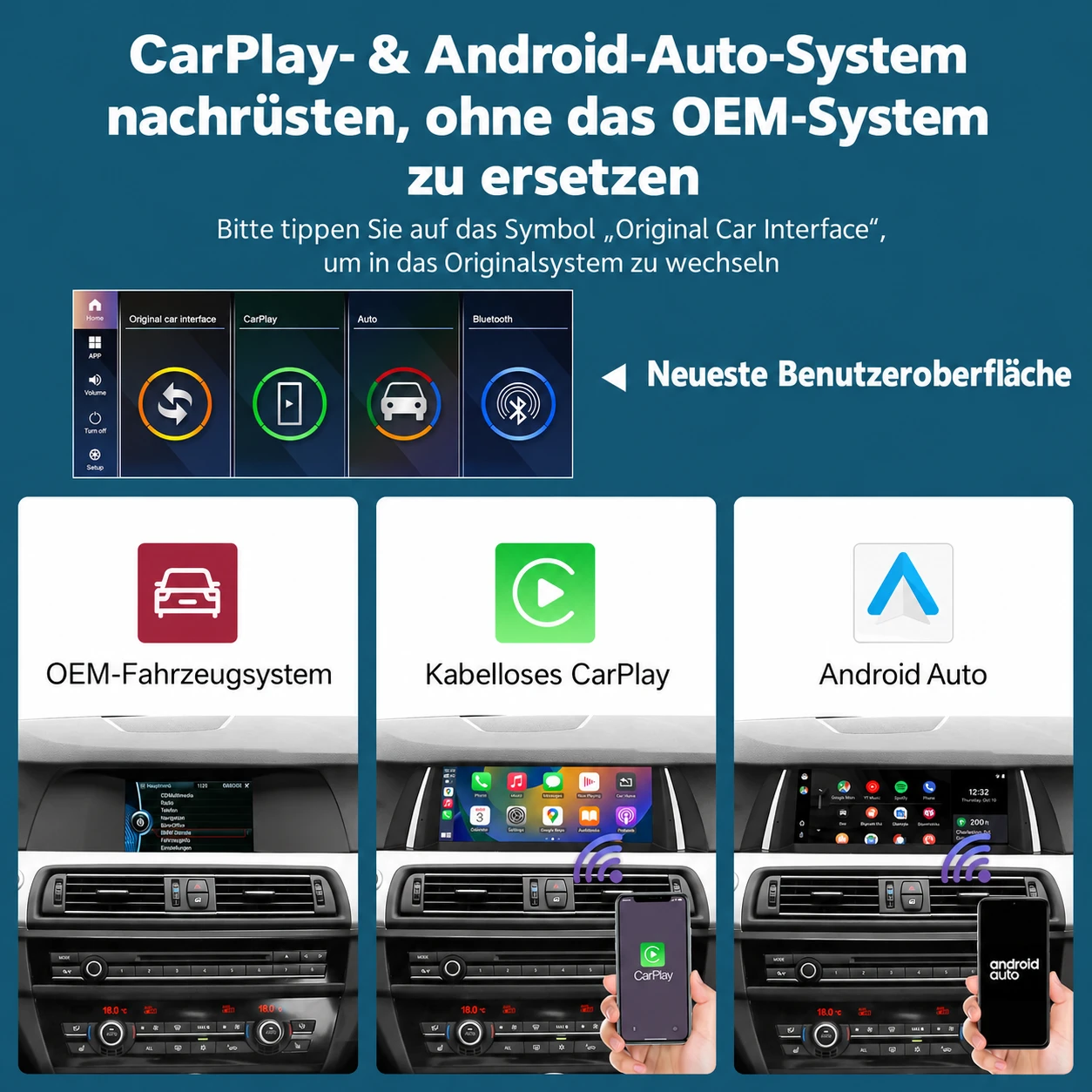 Linux-Display für BMW 5er F10/F11 mit Wechsel zwischen originalem iDrive-System, Apple CarPlay und Android Auto