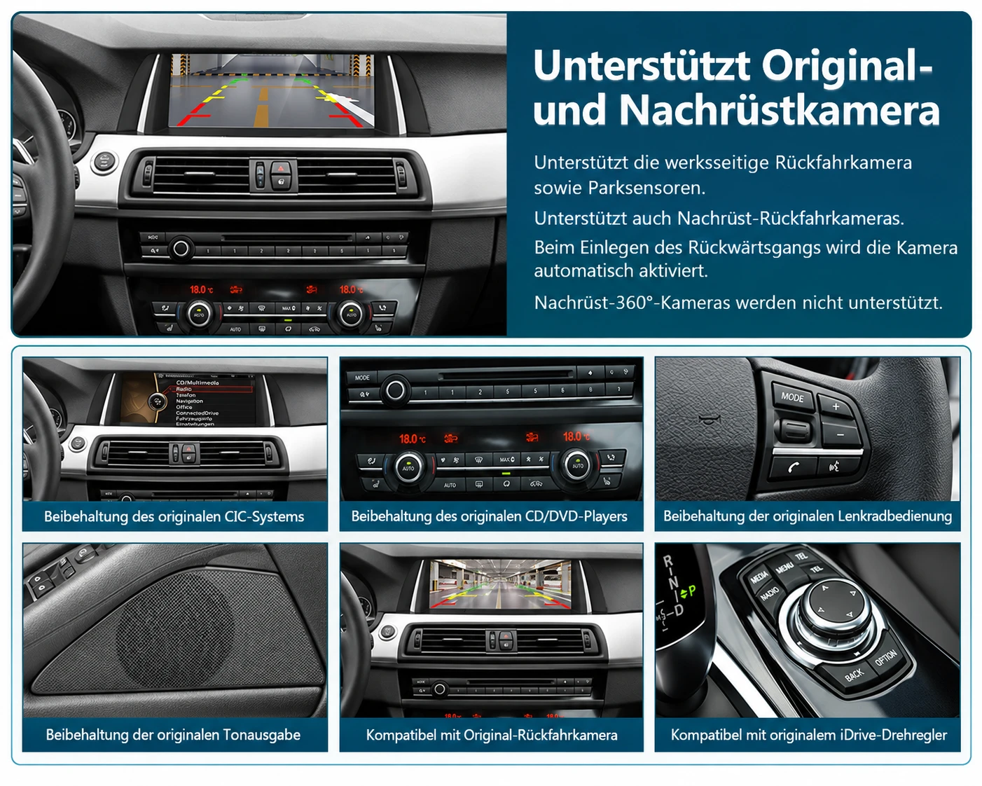 BMW 5er F10/F11 Linux-CarPlay-Display mit Unterstützung für Rückfahrkamera, Parksensoren, Lenkradtasten und originalen iDrive-Controller