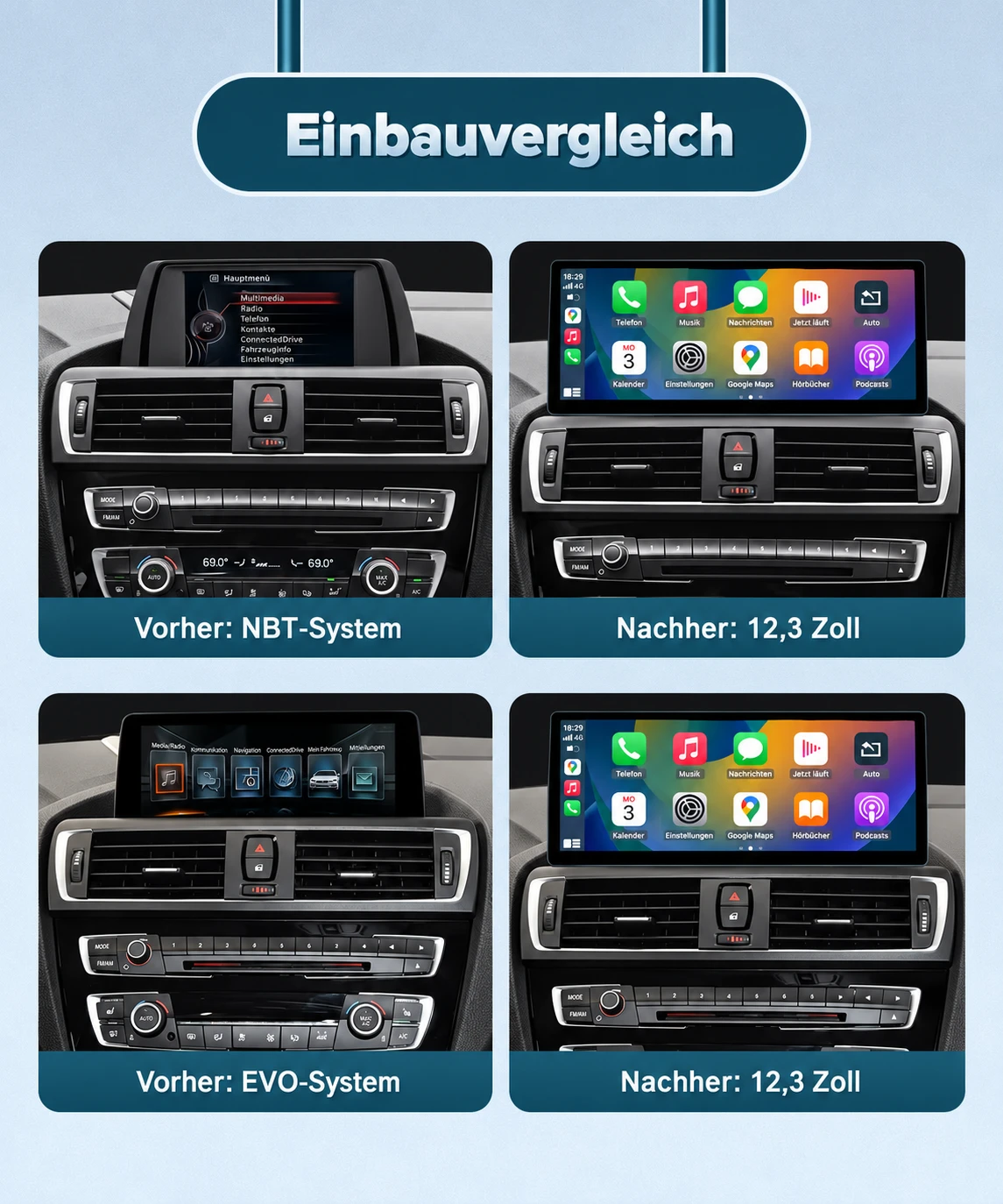 BMW F20 F21 F22 F23 mit NBT- und EVO-System vor und nach dem Einbau eines 12,3-Zoll-CarPlay-Touchscreens