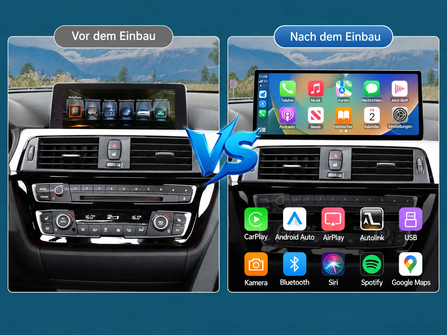 BMW 3er und 4er mit originalem iDrive-Bildschirm vor dem Einbau und größerem Linux-CarPlay-Touchscreen nach der Nachrüstung.