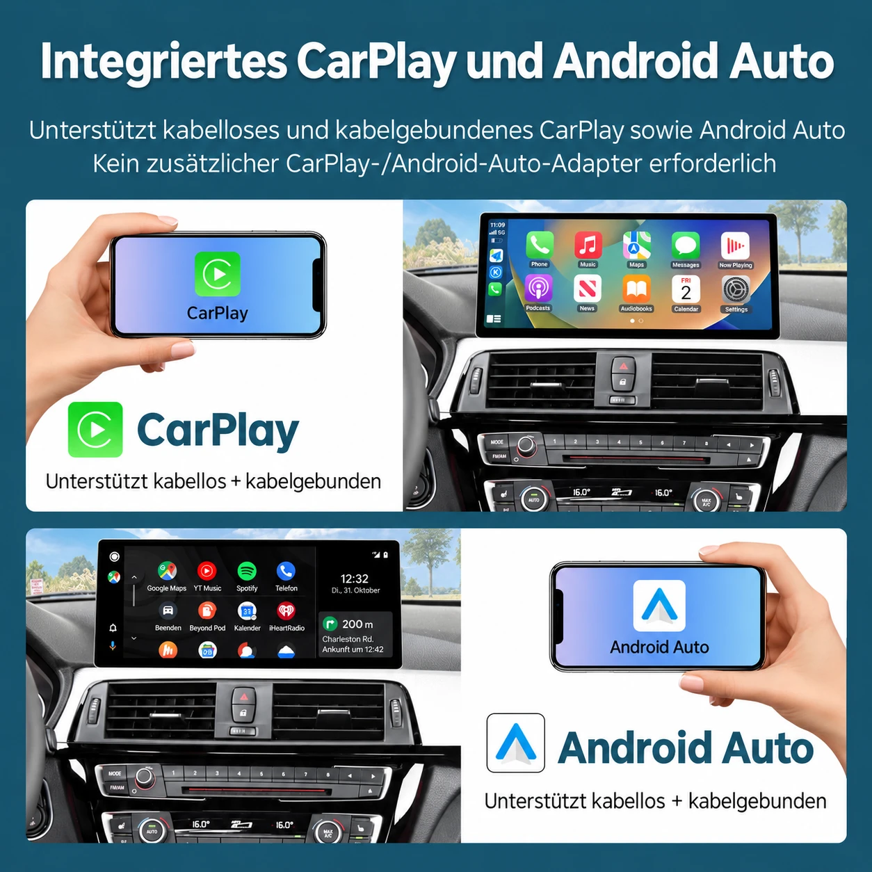 BMW 3er F30 mit nachgerüstetem Linux-Touchscreen und kabellosem sowie kabelgebundenem Apple CarPlay und Android Auto.