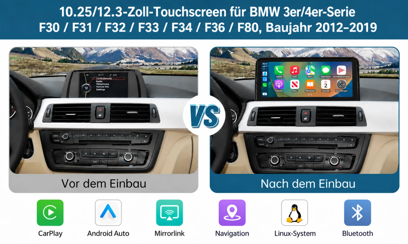 BMW 3er und 4er mit originalem iDrive-Bildschirm vor dem Einbau und größerem Linux-CarPlay-Touchscreen nach der Nachrüstung
