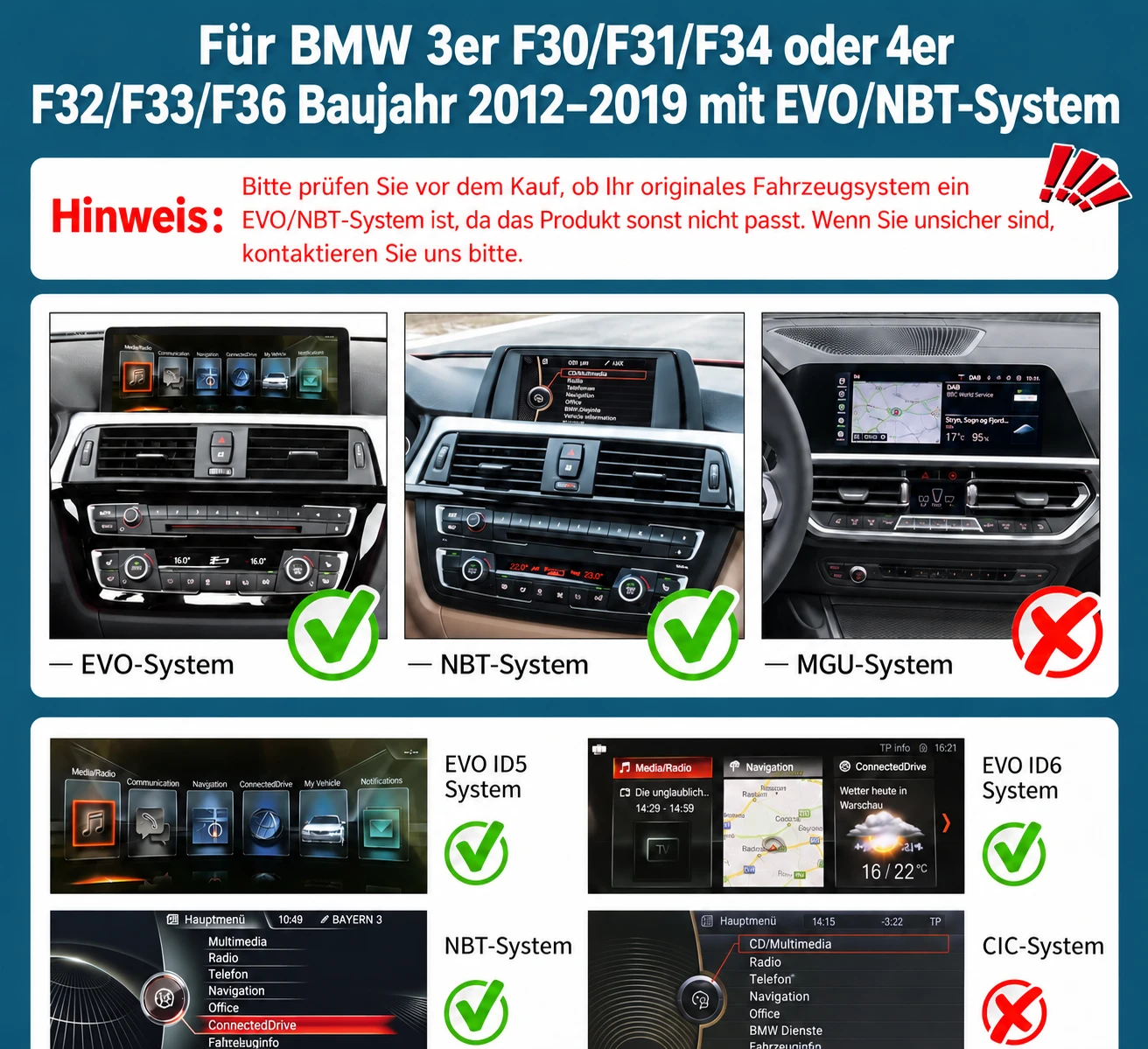 Vergleich der BMW iDrive-Systeme NBT, EVO ID5, EVO ID6, CIC und MGU zur Auswahl des passenden Linux-CarPlay-Displays.