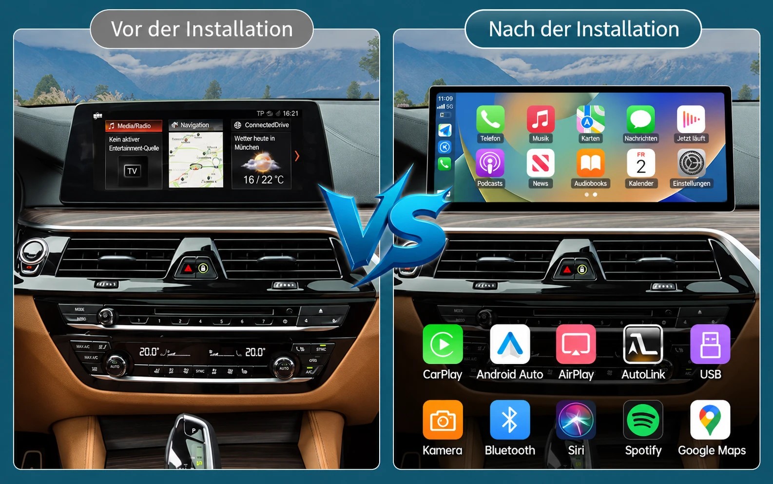 BMW 5er G30 vor und nach der Nachrüstung mit 12,3 Zoll Linux-Touchscreen und Apple CarPlay