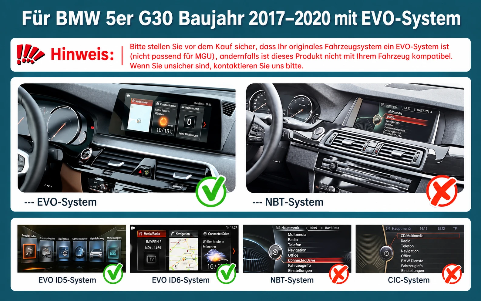 BMW 5er G30 EVO ID5 und ID6 Kompatibilitätsvergleich mit nicht unterstützten NBT- und CIC-Systemen