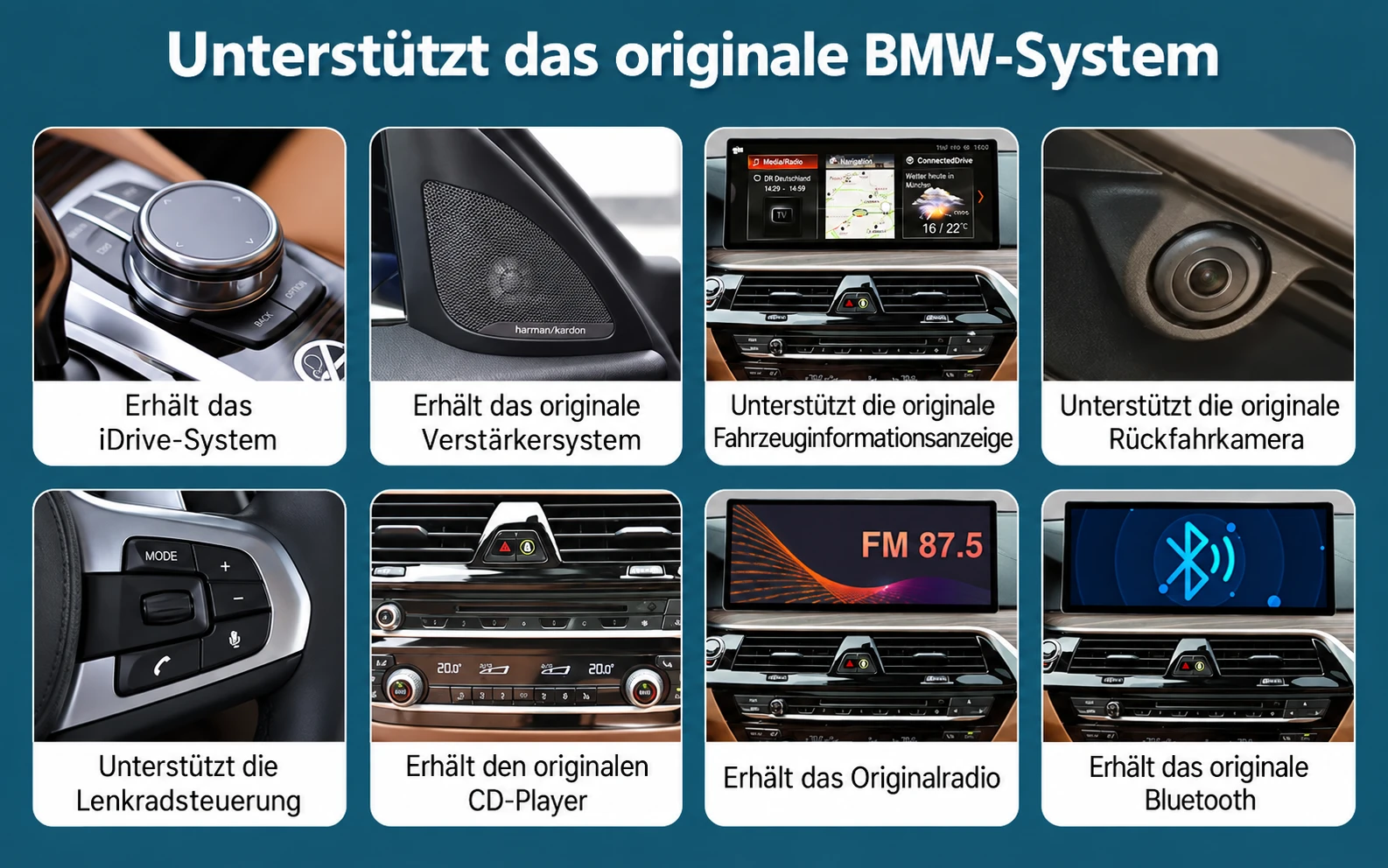 BMW G30 Linux Display mit Unterstützung für originales iDrive, Lenkradtasten, Rückfahrkamera und Audiosystem