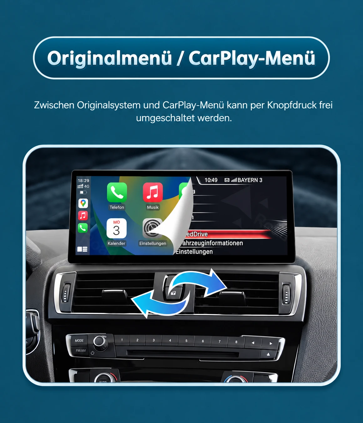 Wechsel zwischen dem originalen BMW iDrive-Menü und Apple CarPlay auf dem nachgerüsteten Linux-Touchscreen