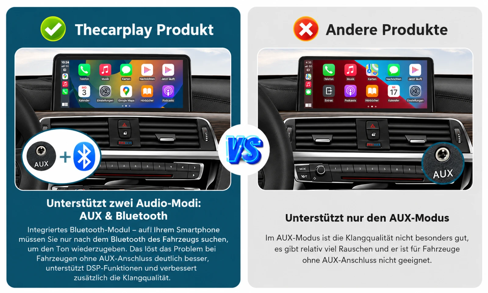 Thecarplay Linux-Display für BMW mit zwei Audioübertragungsmöglichkeiten über AUX und Bluetooth im Vergleich zu einem AUX-basierten System.