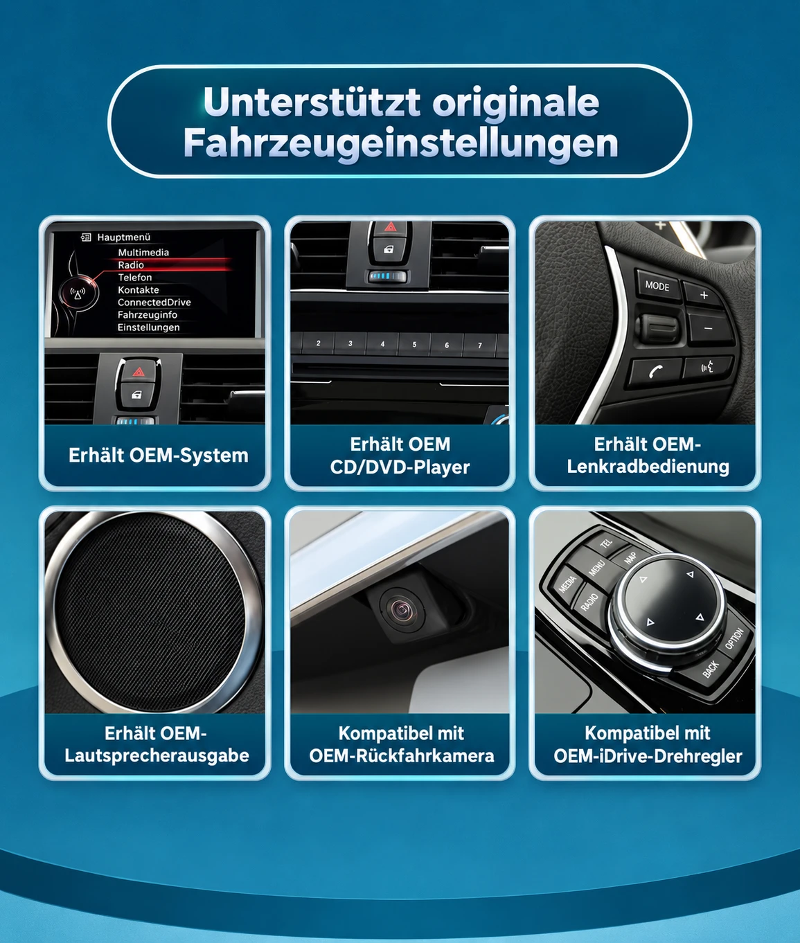 BMW CarPlay-Linux-Display erhält originale Fahrzeugfunktionen wie iDrive, Lenkradbedienung, Audiosystem und Rückfahrkamera