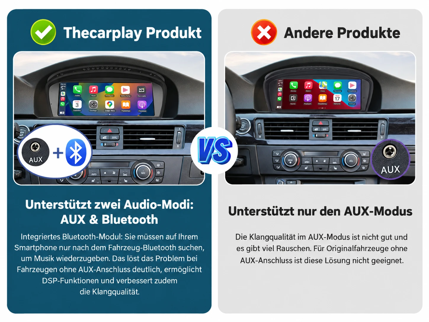 Vergleich der Audioübertragung beim BMW Linux-Display: Thecarplay unterstützt AUX und Bluetooth, das dargestellte Vergleichsprodukt nur AUX
