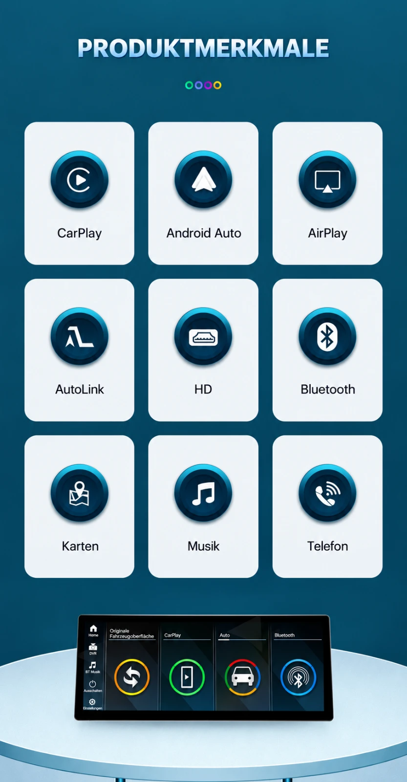 Funktionen des BMW Linux-Multimediadisplays mit Apple CarPlay, Android Auto, AirPlay, AutoLink, Bluetooth und Navigation