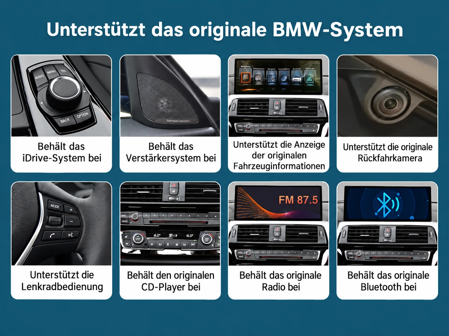 Das BMW Linux-CarPlay-Display erhält originale Fahrzeugfunktionen wie iDrive-Controller, Lenkradbedienung, Rückfahrkamera, Radio und Bluetooth.