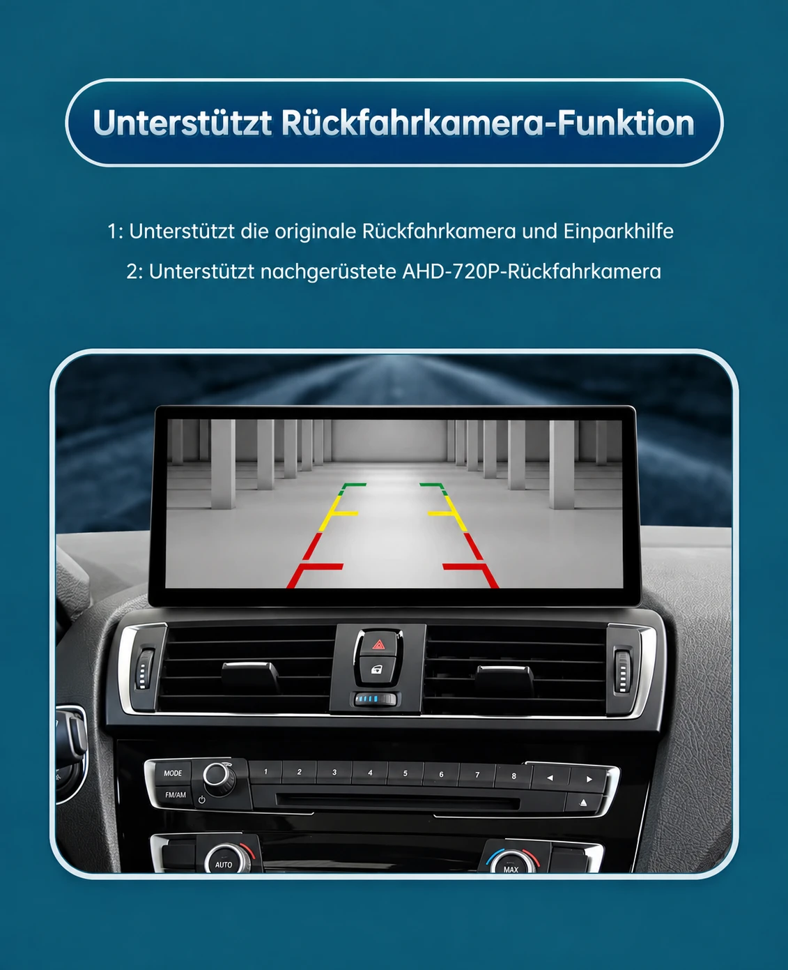 BMW Linux-CarPlay-Display mit Rückfahrkamera-Anzeige, Einparkhilfslinien und Unterstützung für originale sowie nachgerüstete Kameras