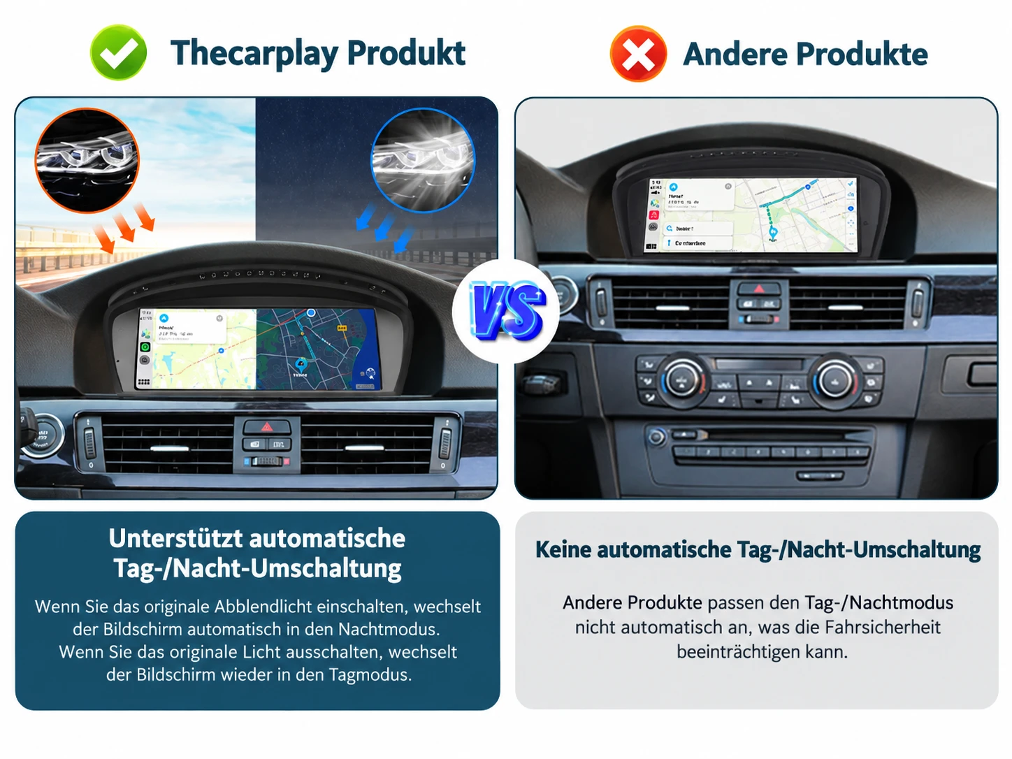 Vergleich der automatischen Tag- und Nachtumschaltung des Thecarplay Linux-Displays für BMW bei eingeschaltetem und ausgeschaltetem Fahrzeuglicht