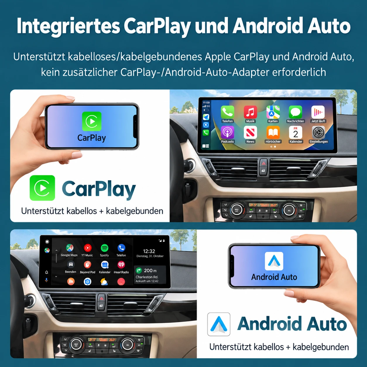 Kabelloses und kabelgebundenes Apple CarPlay und Android Auto auf dem BMW X1 E84 Linux-Touchscreen
