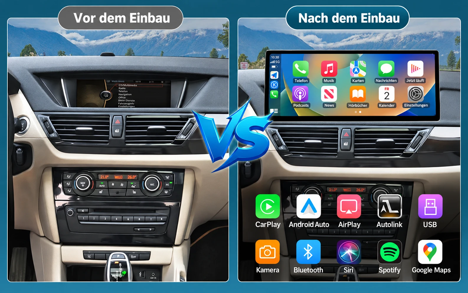 Vorher-Nachher-Vergleich des BMW X1 E84 mit originalem CIC-Bildschirm und nachgerüstetem 12,3 Zoll CarPlay-Display