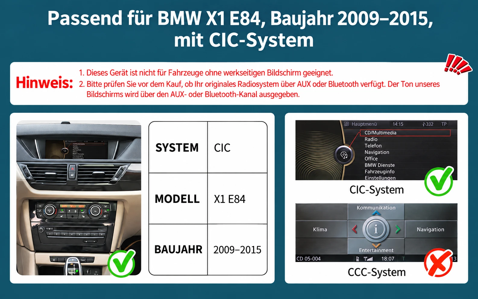 Vergleich der BMW CIC- und CCC-Systeme zur Auswahl des passenden Linux-Touchscreens für BMW X1 E84