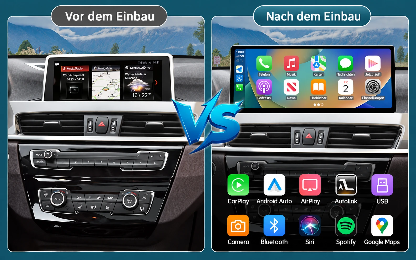 BMW X1 F48 vor und nach dem Einbau eines Linux-Touchscreens mit Apple CarPlay und Android Auto