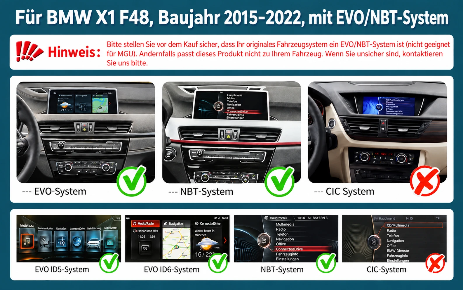 BMW X1 F48 NBT und EVO ID5/ID6 erkennen – Vergleich der kompatiblen iDrive-Systeme mit dem nicht unterstützten CIC-System