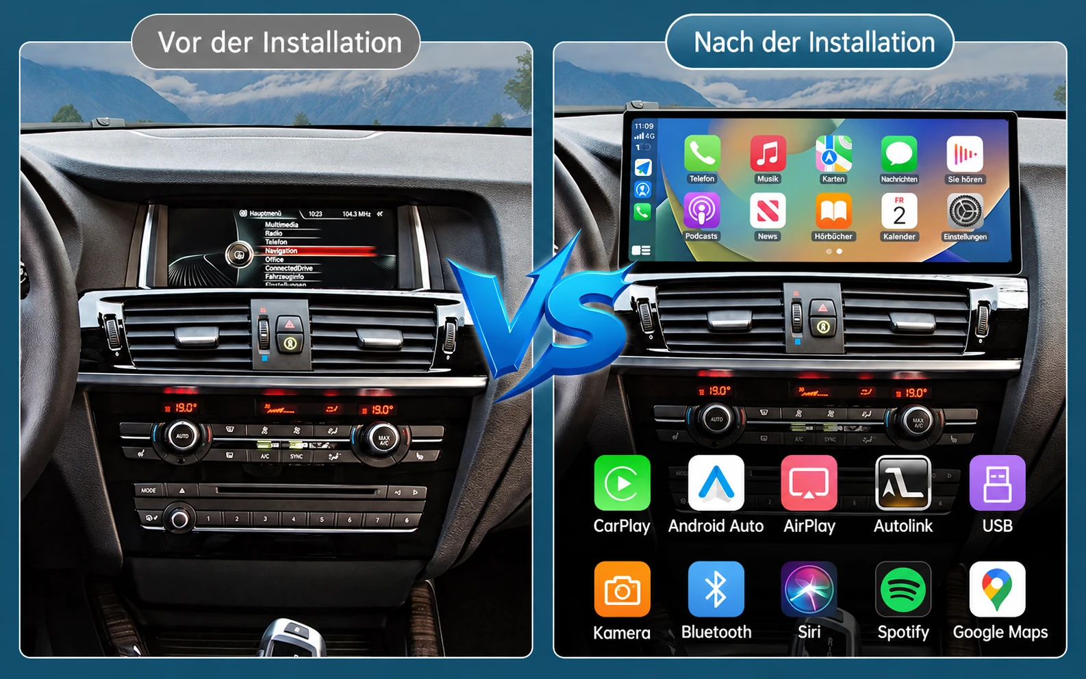 BMW X3 F25 vor und nach der Nachrüstung mit einem Linux-Touchscreen und kabellosem Apple CarPlay