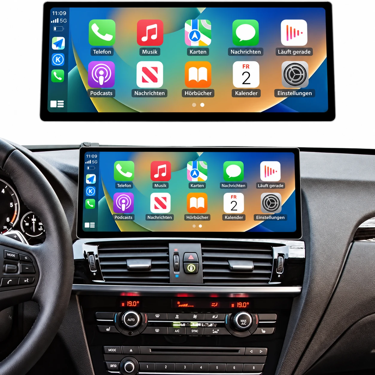 Nachgerüsteter CarPlay-Touchscreen im BMW X3 F25 mit Apple-CarPlay-Oberfläche auf dem breiten Display