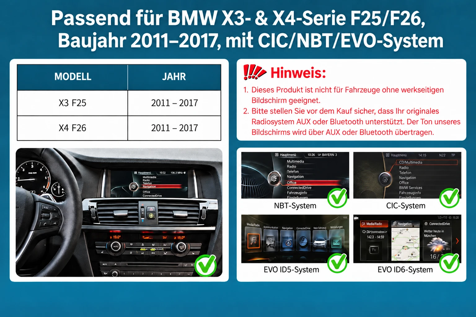 Kompatibilitätsübersicht für das Linux-CarPlay-Display im BMW X3 F25 und X4 F26 mit CIC-, NBT- und EVO-System
