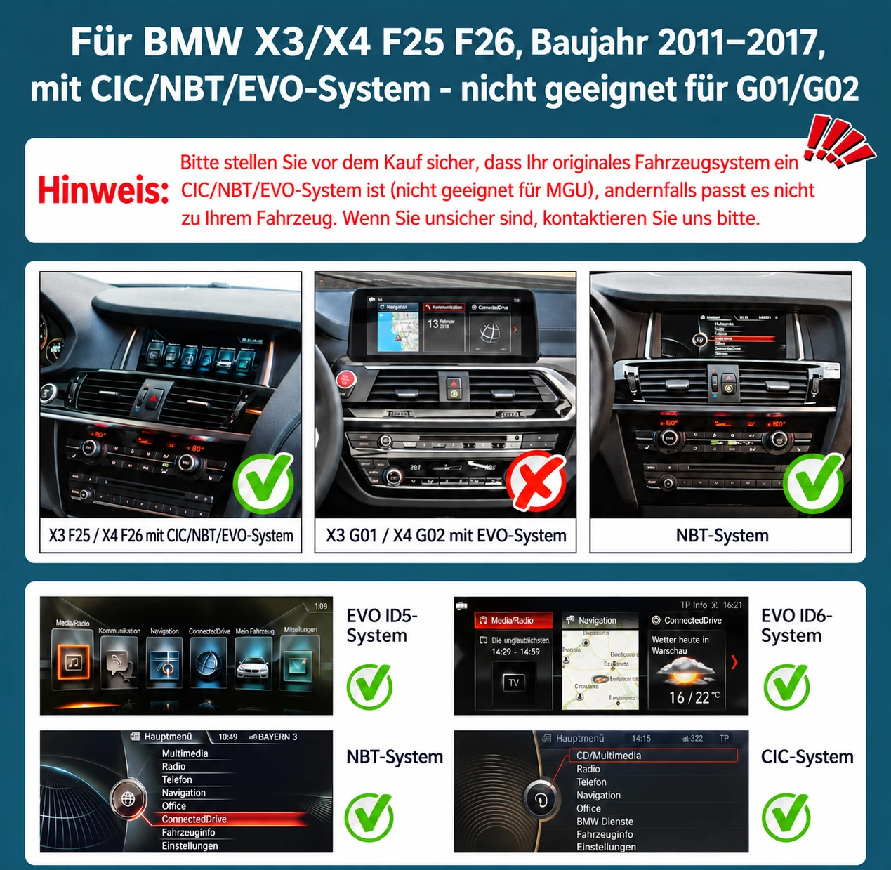 Vergleich der originalen BMW CIC-, NBT- und EVO-ID5-ID6-Systeme zur Auswahl des passenden CarPlay-Displays für X3 F25 und X4 F26