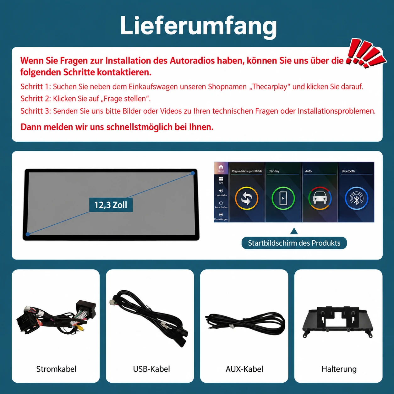 Lieferumfang des 12,3-Zoll-Linux-Displays für BMW X3 F25 und X4 F26 mit Anschlusskabeln und Bildschirmhalterung