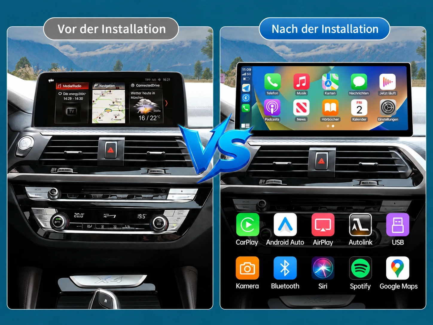 BMW X4 G02 vor und nach der Nachrüstung mit einem 12,3 Zoll Linux-Touchscreen für Apple CarPlay und Android Auto