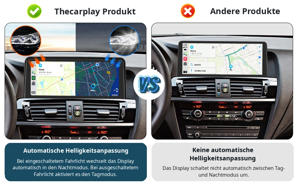 Automatische Helligkeitsanpassung des BMW X3 F25 und X4 F26 CarPlay-Displays mit Tag- und Nachtmodus im Vergleich