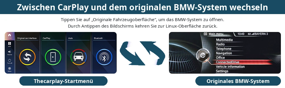 Wechsel zwischen der Thecarplay CarPlay-Oberfläche und dem originalen BMW iDrive-System beim BMW X3 F25 und X4 F26