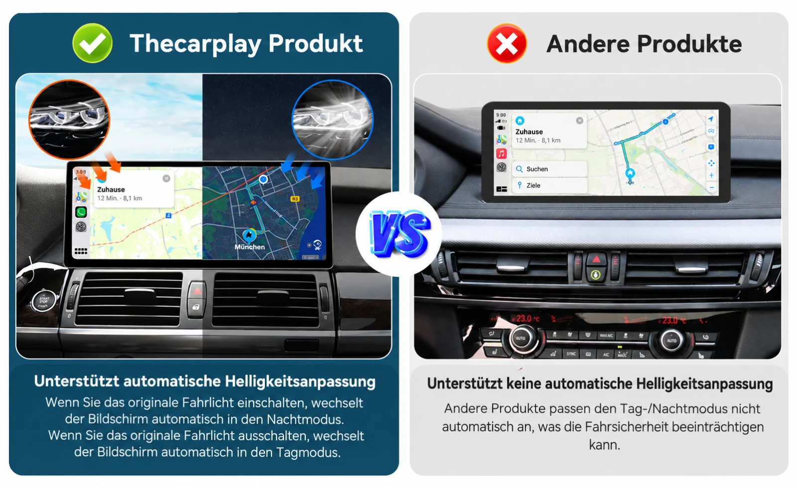 Vergleich der automatischen Tag- und Nachtmodus-Umschaltung des Thecarplay-Displays für BMW X5 E70 und X6 E71